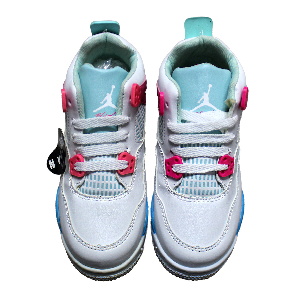 Imagen real de Tenis de niña tipo botin, blanco con rosa y azul "Tipo Jordan"