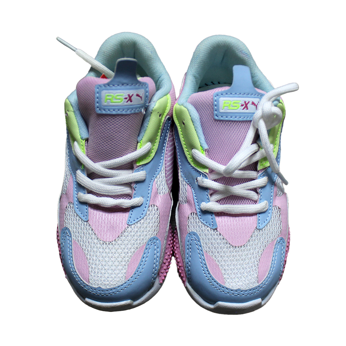 Imagen real de Tenis de niña, color blanco con rosa y azul