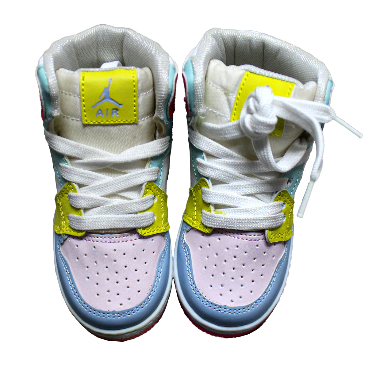 Imagen real de Tenis de niña tipo botin, blanco con colores pastel "Tipo Jordan"