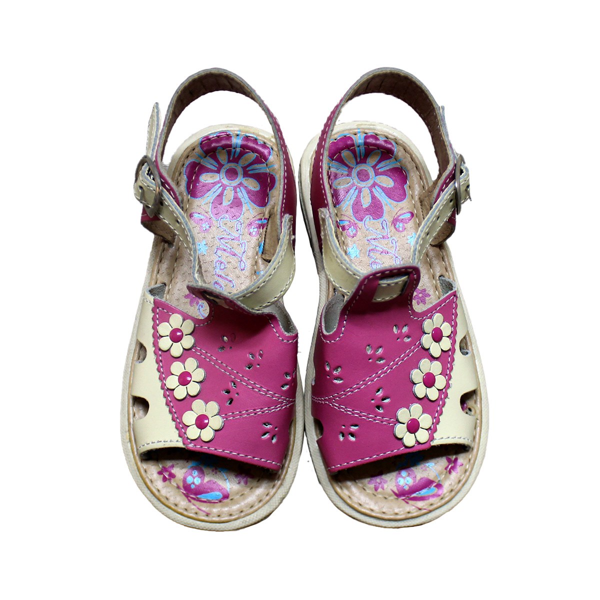 Imagen real de Sandalia de niña, rosa con café y flores